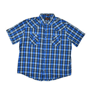 Plains Western Men's Pearl Snap Shirt Short Sleeve Blue Plaid Big 2X Polyester